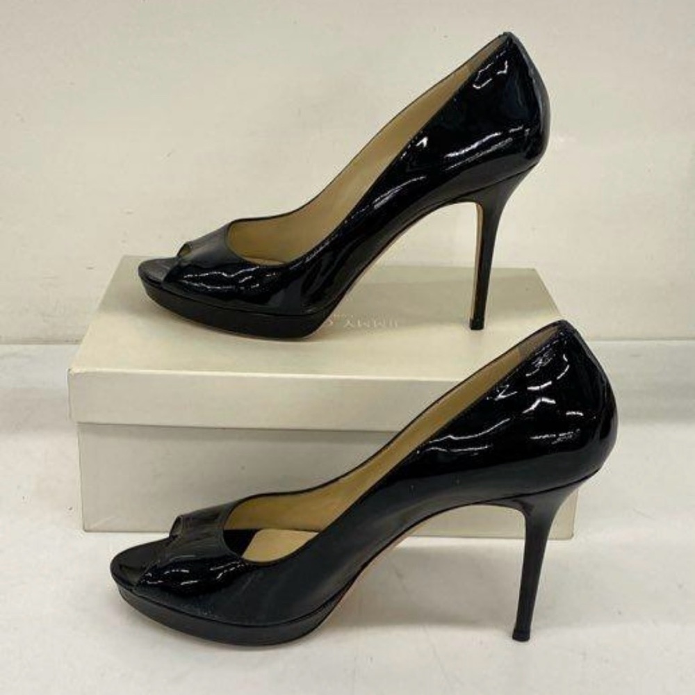 Jimmy Choo Black Patent Leather Peep-Toe Stiletto Pumps size 41 w COA